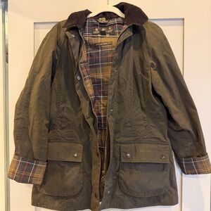 Barbour Olive Waxed Utility Jacket with Plaid Lining